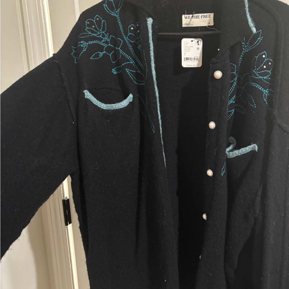 We The Free Wildflower Cardigan Black Cardigan with Teal Accents